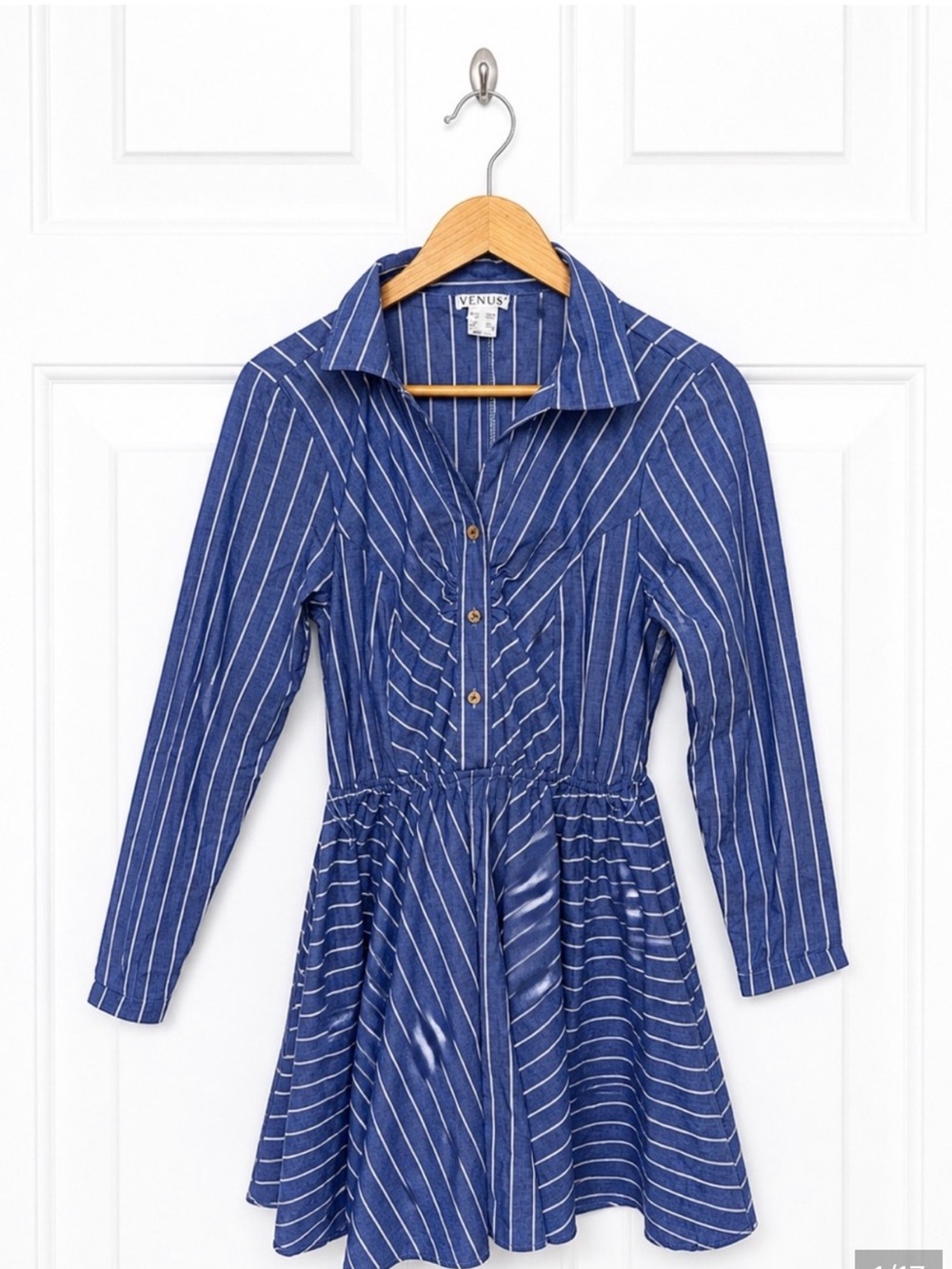 VENUS Blue and White Striped Fit and Flare Shirt Long-Sleeve Mini Dress